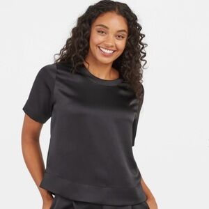 SPANX Stretch Satin Black Boxy Short Sleeve T-Shirt